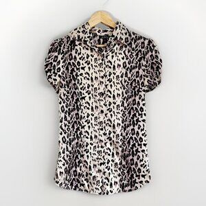 A Byer Y2K Satin Leopard Print Babydoll Button Down Top Sz Medium School Office